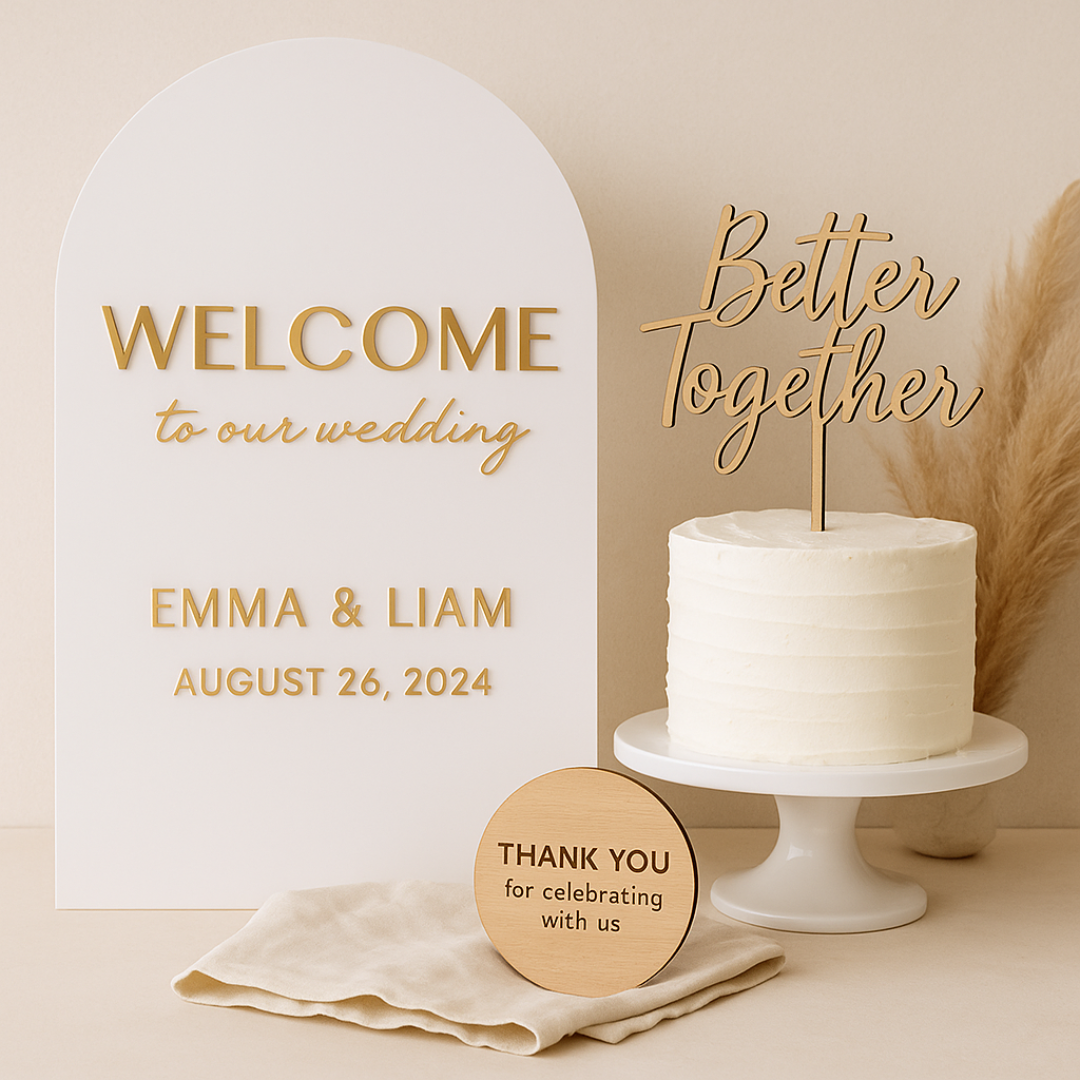 Coordinated wedding welcome sign and cake topper