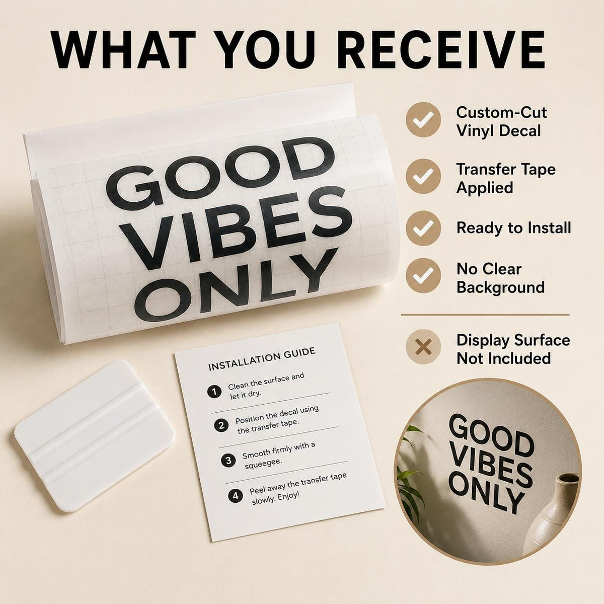 Good Vibes Only vinyl decal with transfer tape and application card