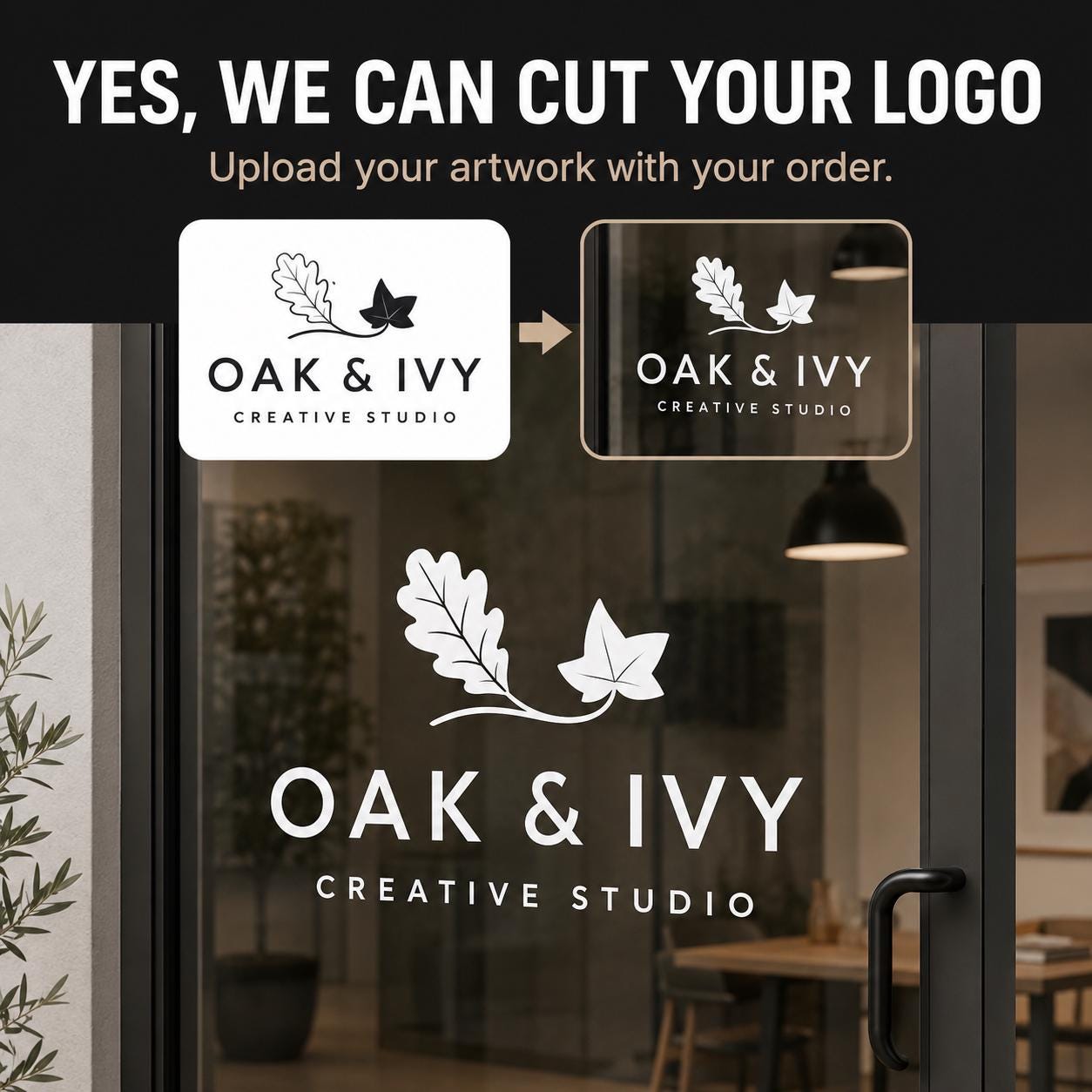 Custom logo vinyl decal on an Oak and Ivy storefront window