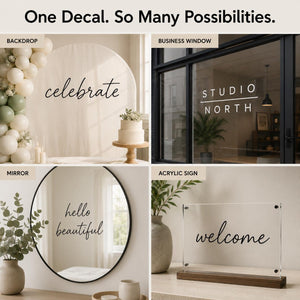 Custom vinyl lettering examples for windows, walls, backdrops and signs