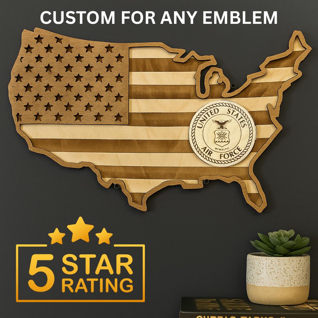 Custom Wooden USA Map | Personalized Emblem | Engraved Wood | Military Gift | Military Retirement | Housewarming Gift | Wooden American Map