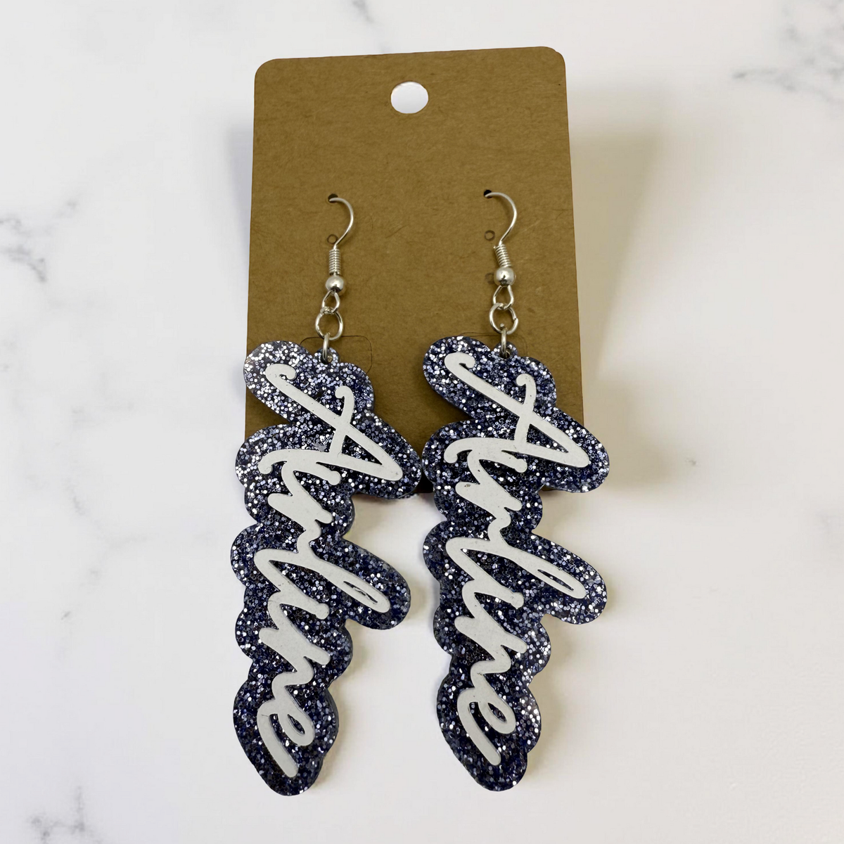 Blue Glitter Acrylic School Spirit Earrings – Airline or Vikings | Custom Team Pride Jewelry