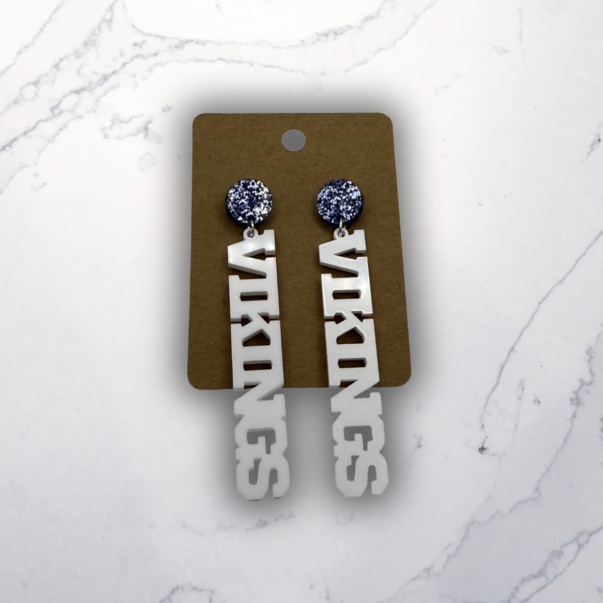 Vikings Vertical Acrylic Earrings | Blue Glitter Stud Top + White Lettering