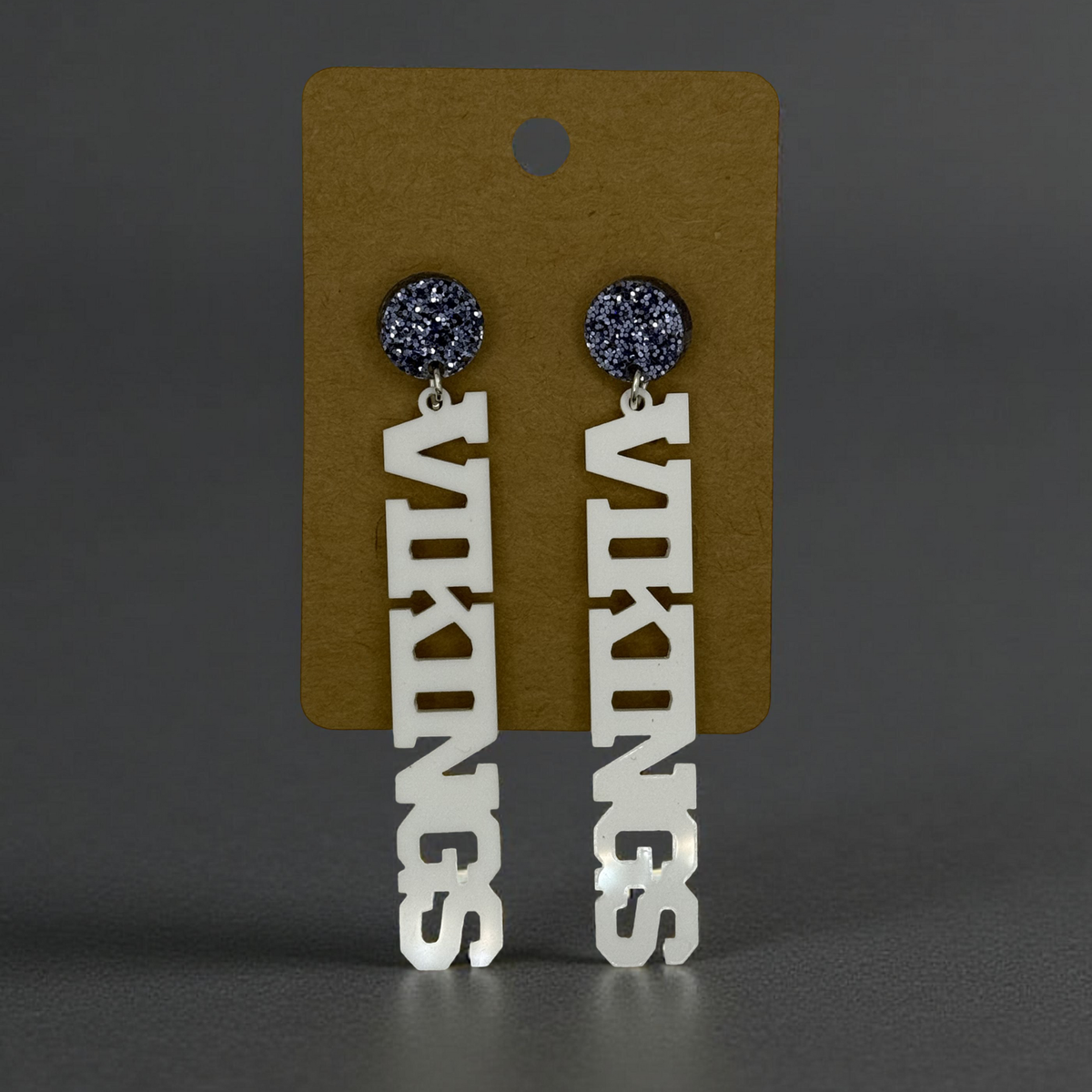 Vikings Vertical Acrylic Earrings | Blue Glitter Stud Top + White Lettering