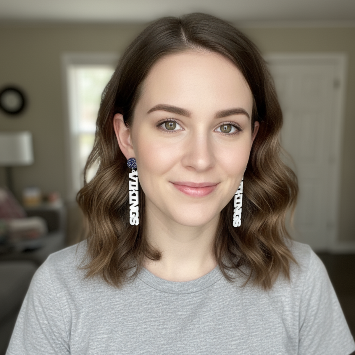 Vikings Vertical Acrylic Earrings | Blue Glitter Stud Top + White Lettering