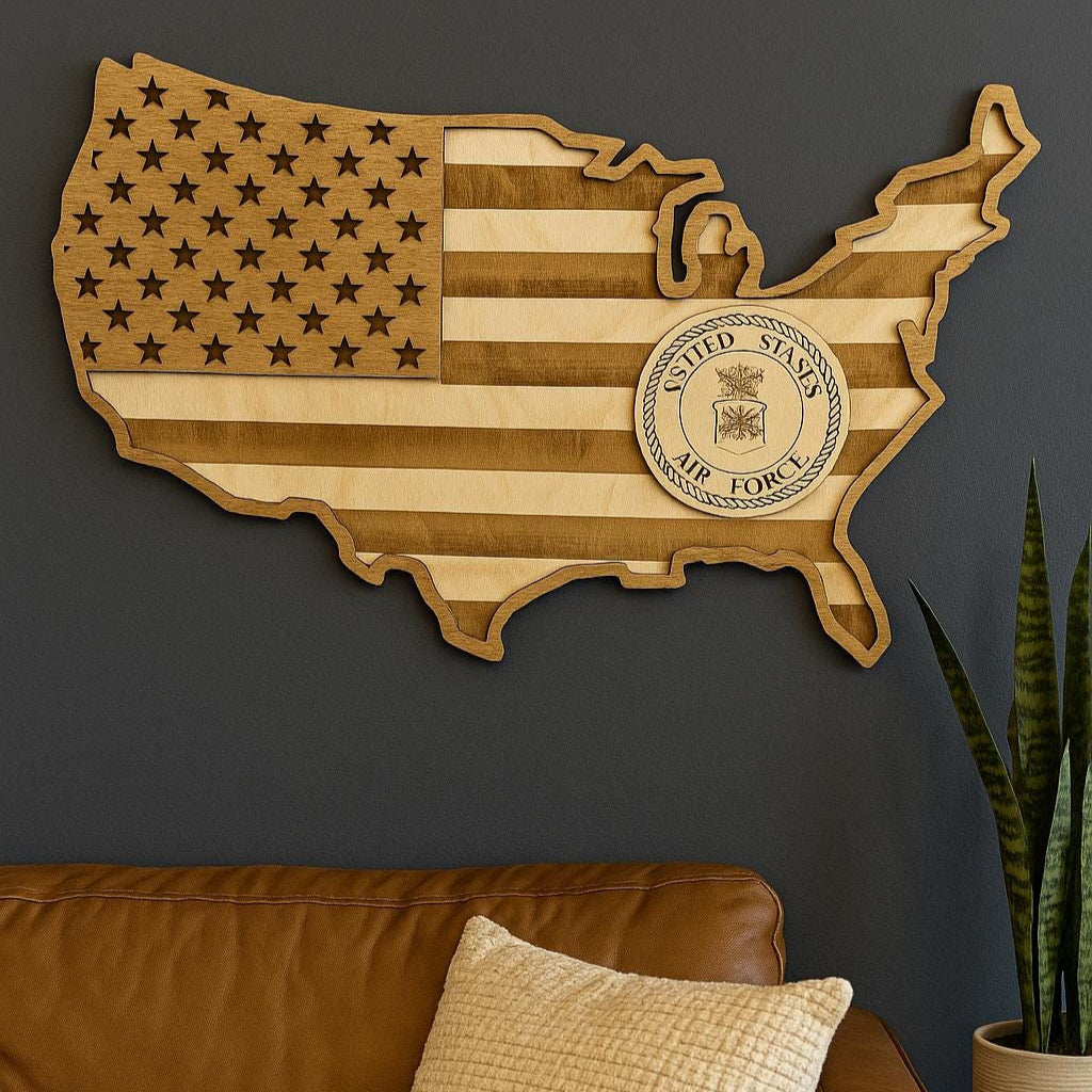 Custom Wooden USA Map | Personalized Emblem | Engraved Wood | Military Gift | Military Retirement | Housewarming Gift | Wooden American Map