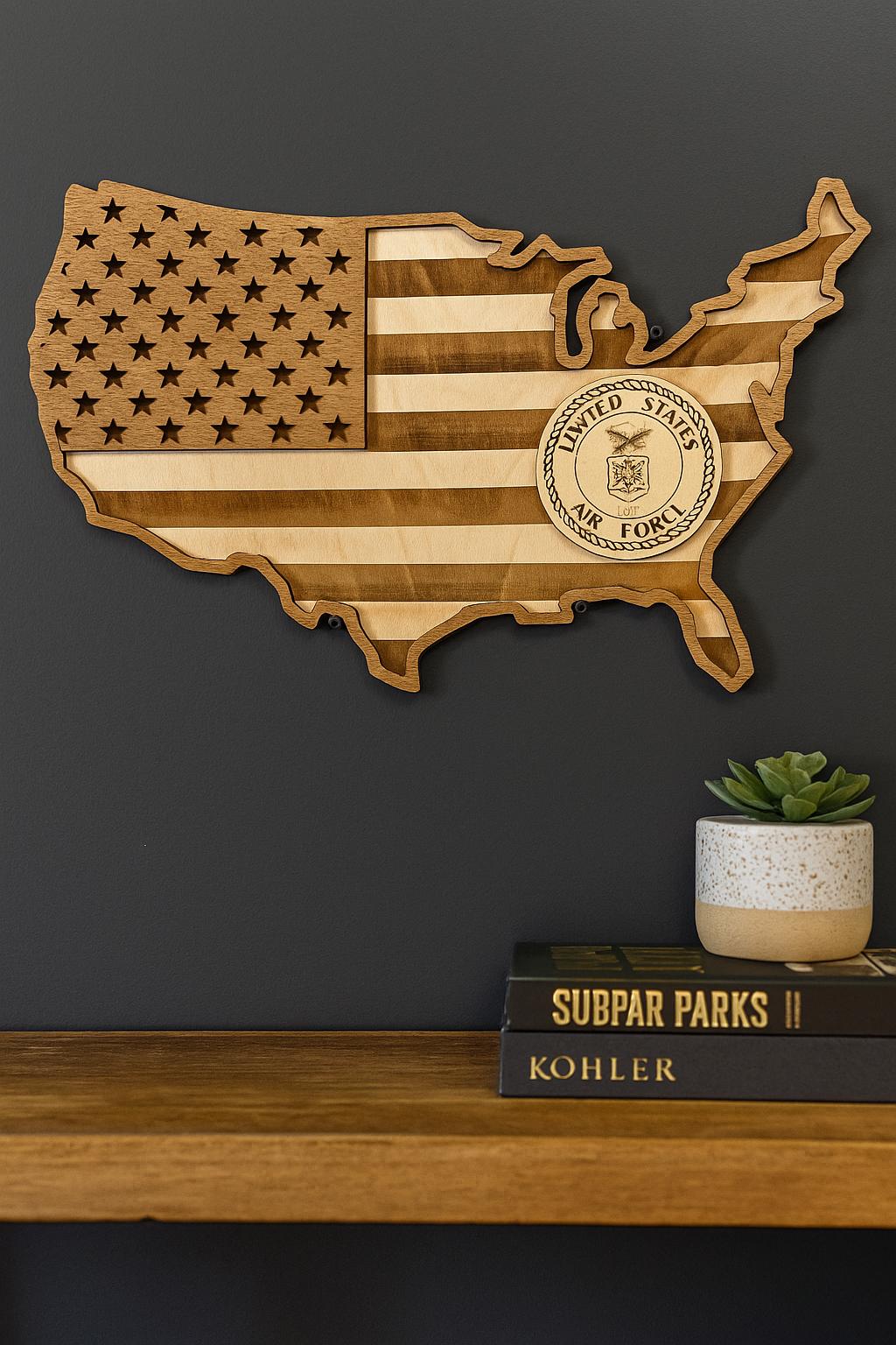 Custom Wooden USA Map | Personalized Emblem | Engraved Wood | Military Gift | Military Retirement | Housewarming Gift | Wooden American Map