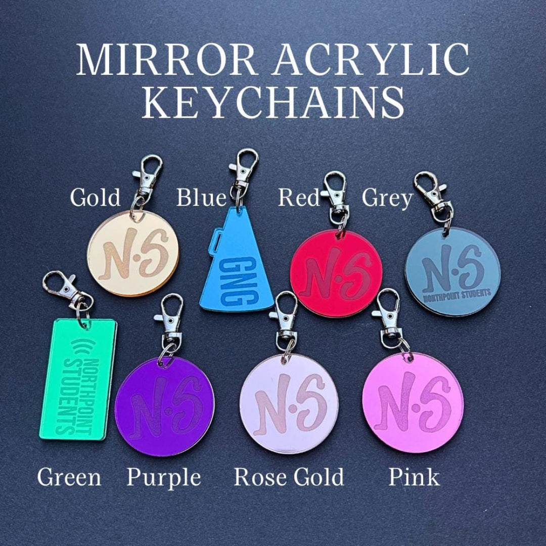Mirror acrylic keychain color options: gold, blue, red, gray, green, purple, rose gold, pink