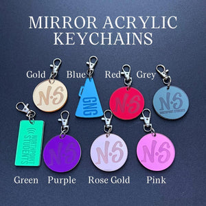 Mirror acrylic keychain color options: gold, blue, red, gray, green, purple, rose gold, pink