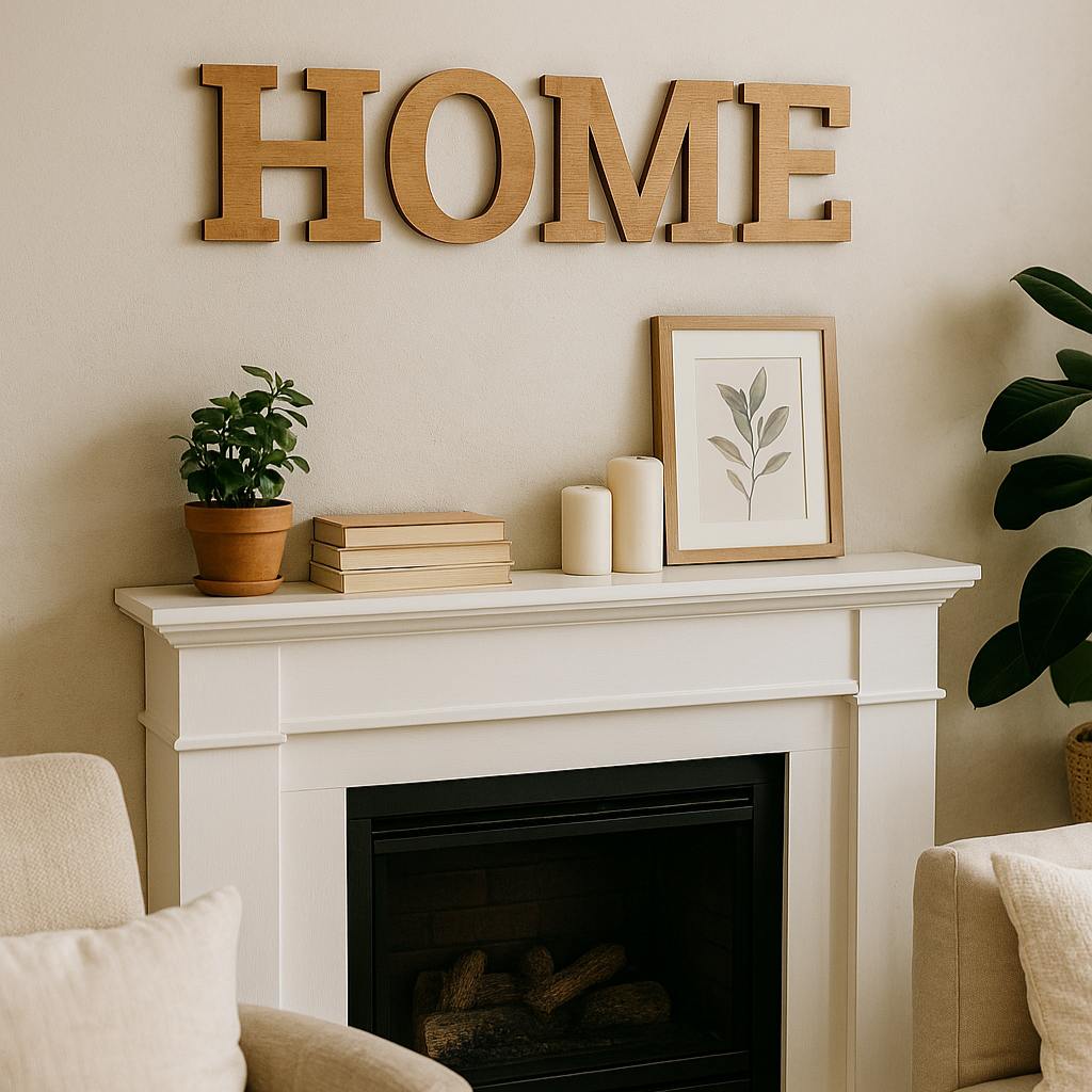 White fireplace with decorative items and 'HOME' sign above it