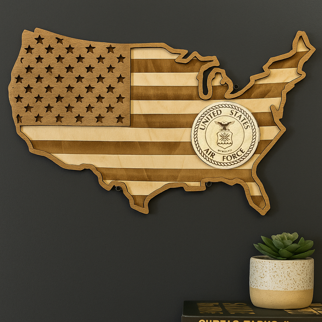 Custom Wooden USA Map | Personalized Emblem | Engraved Wood | Military Gift | Military Retirement | Housewarming Gift | Wooden American Map