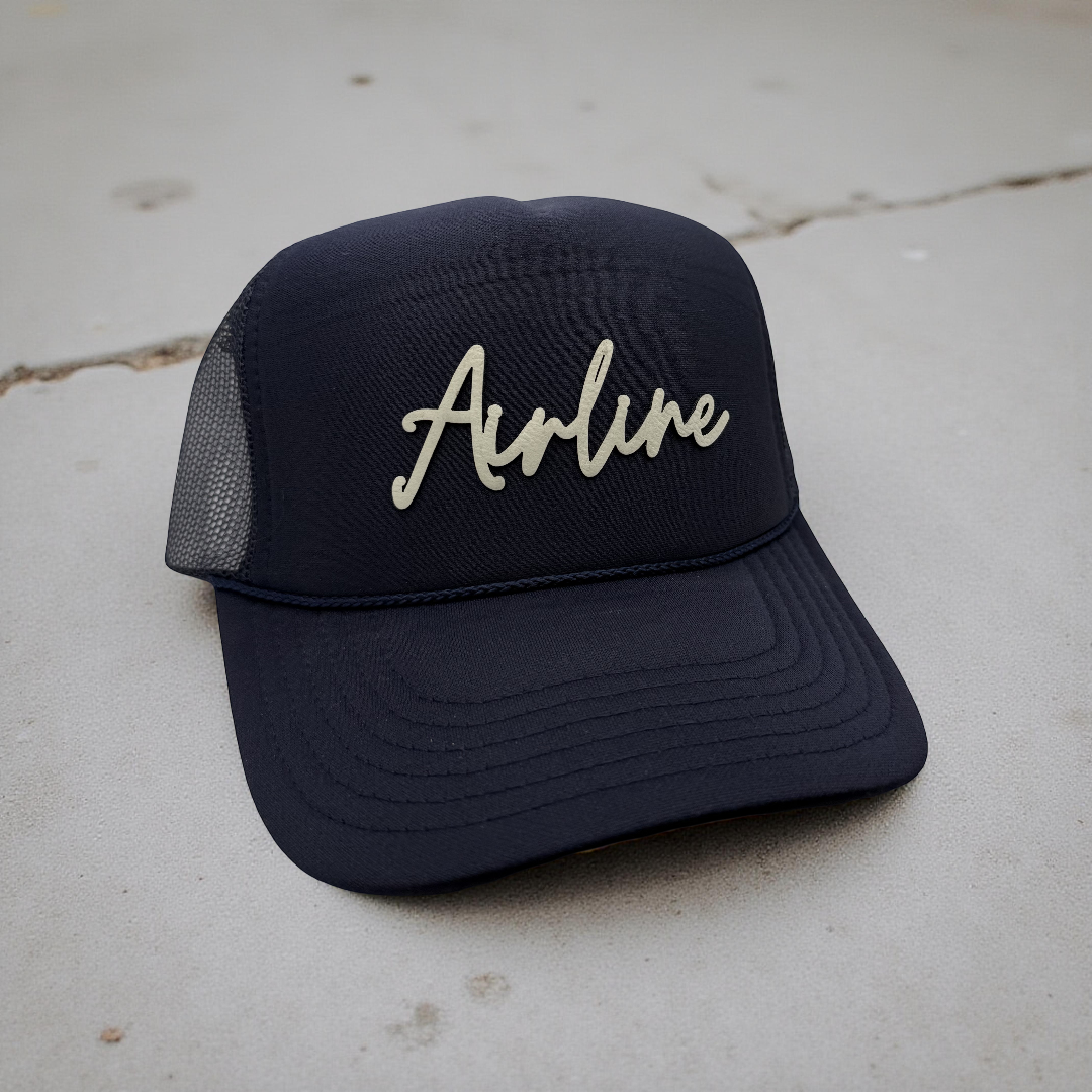 Airline Script Hat | White Cut-Out Leatherette Patch OTTO Foam Front Trucker