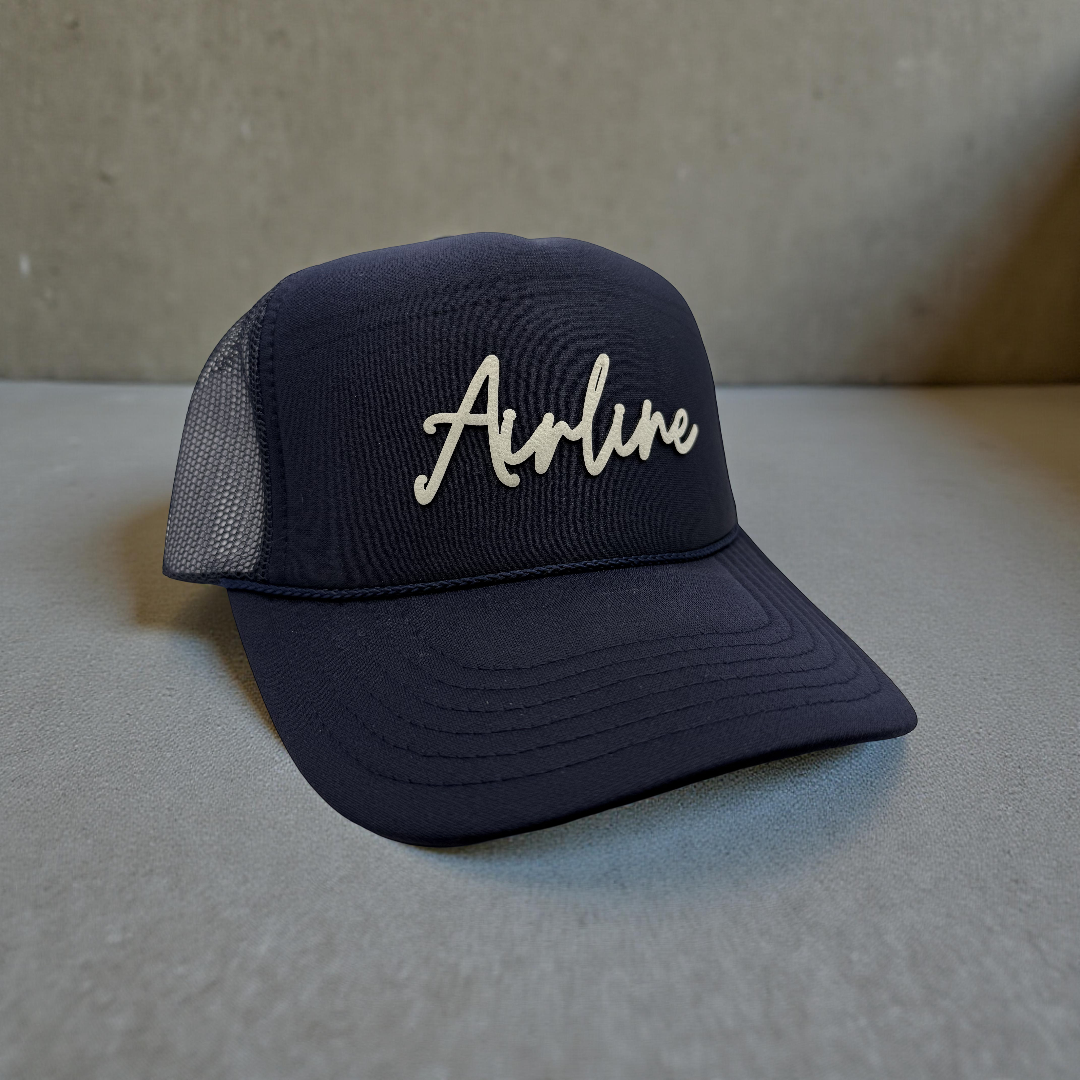Airline Script Hat | White Cut-Out Leatherette Patch OTTO Foam Front Trucker