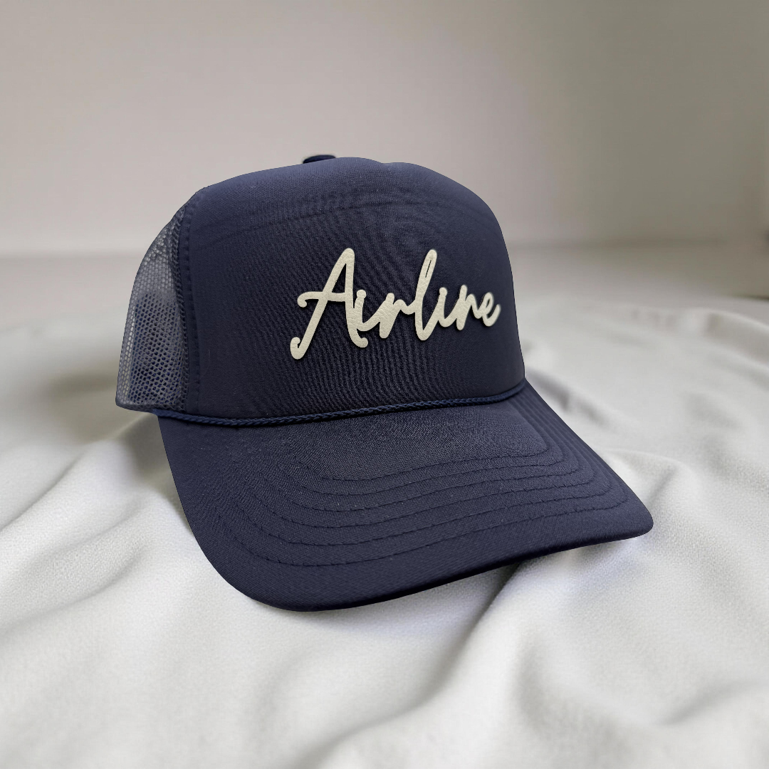 Airline Script Hat | White Cut-Out Leatherette Patch OTTO Foam Front Trucker