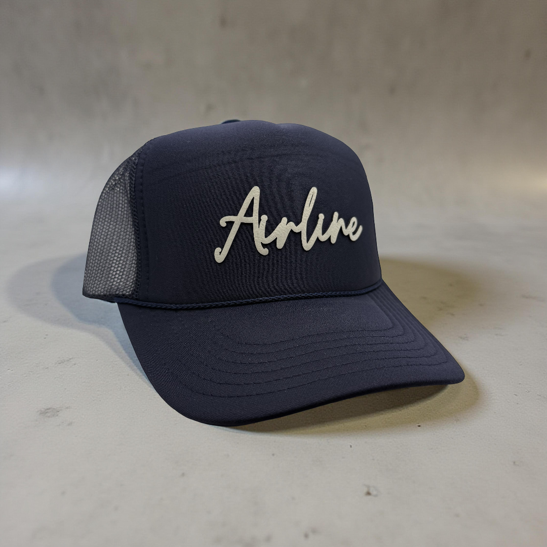 Airline Script Hat | White Cut-Out Leatherette Patch OTTO Foam Front Trucker