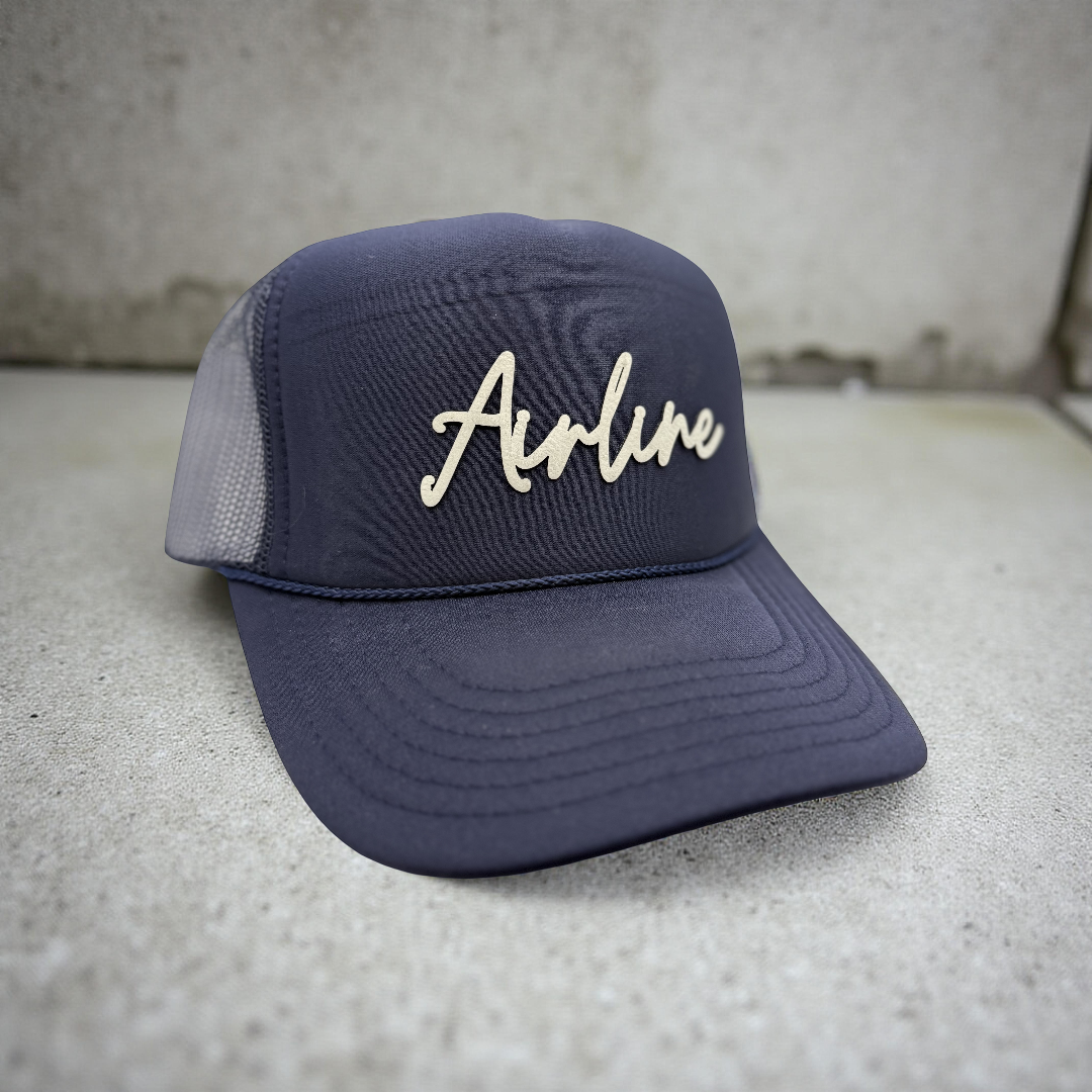 Airline Script Hat | White Cut-Out Leatherette Patch OTTO Foam Front Trucker