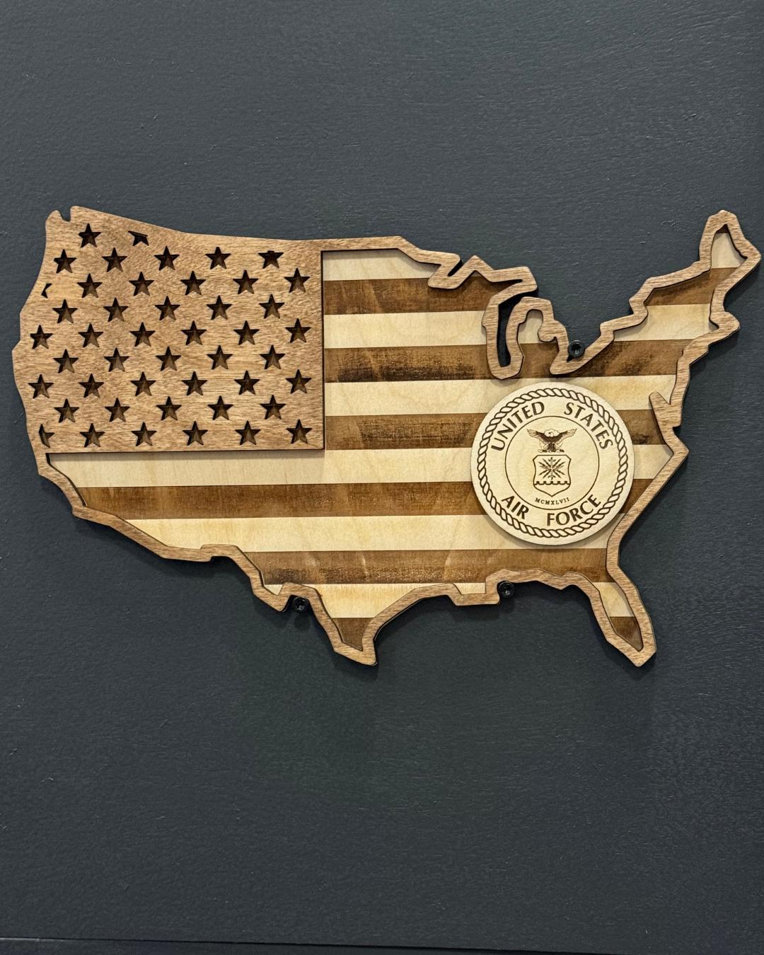 Custom Wooden USA Map | Personalized Emblem | Engraved Wood | Military Gift | Military Retirement | Housewarming Gift | Wooden American Map