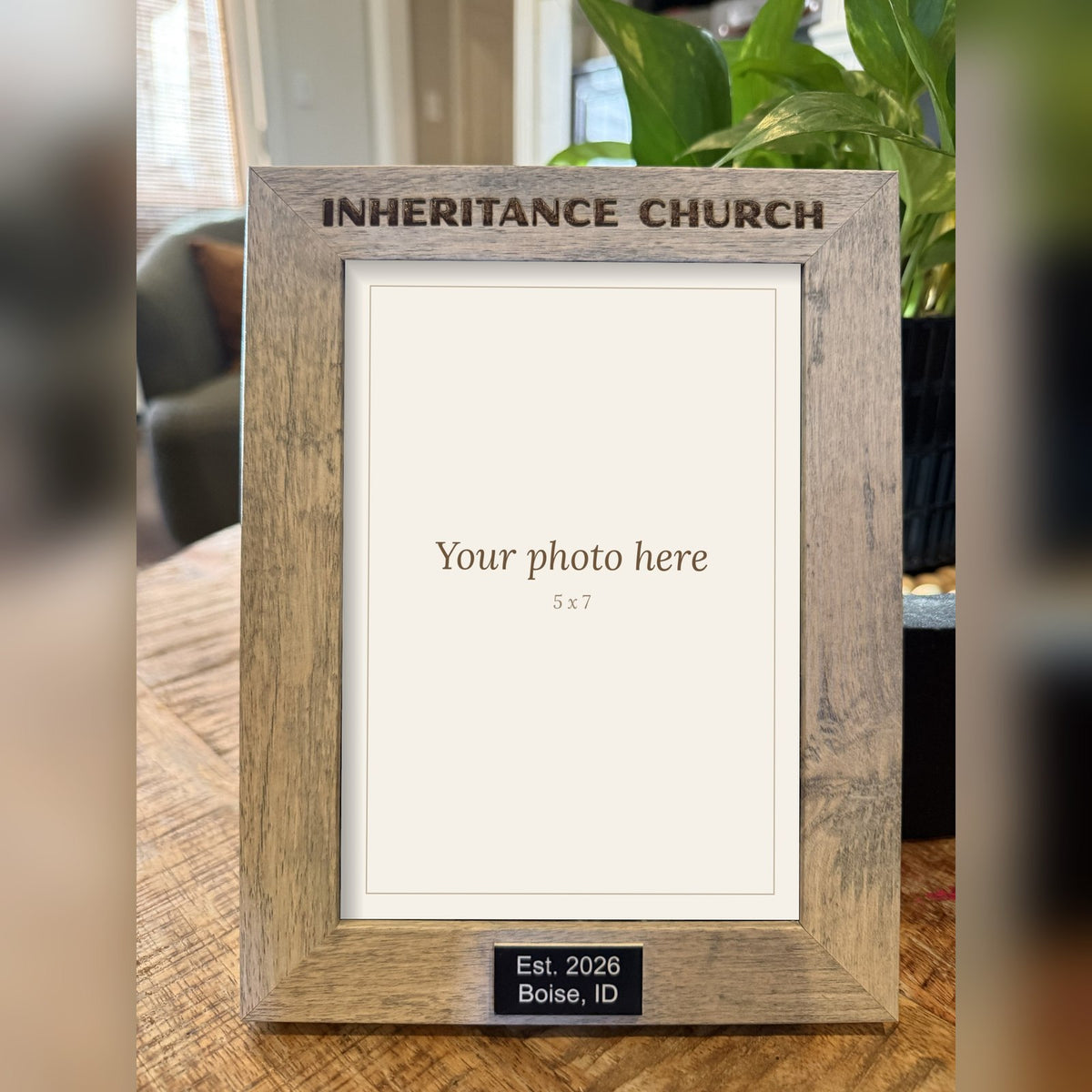 Custom engraved 5x7 gray wood-grain picture frame with a church name engraved on top and a black name plate