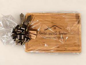 Engraved 16x11 bamboo cutting board with Home Sweet Home and names, with two wood keychains engraved with each name