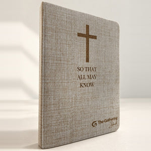 Linen-cover hardcover journal laser engraved with a cross, So That All May Know, and a church logo