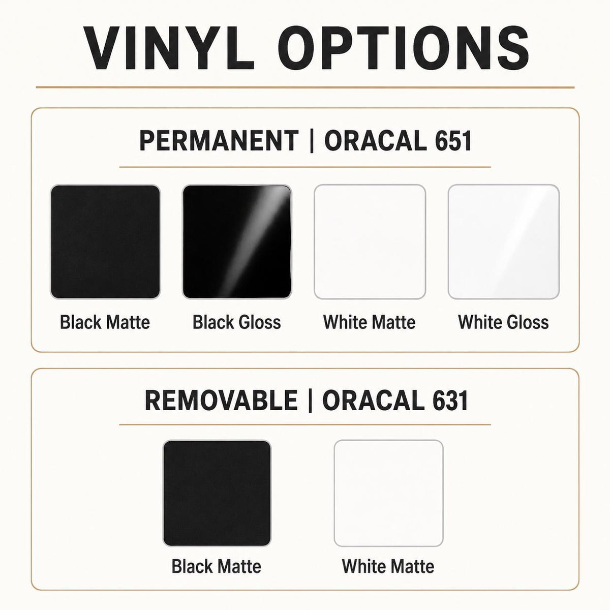Vinyl options chart: permanent matte, permanent gloss and removable matte in black or white