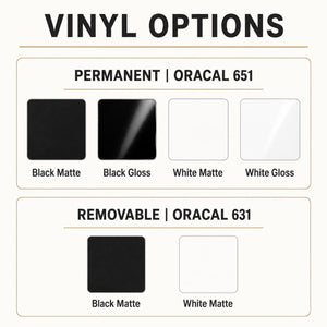 Vinyl options chart: permanent matte, permanent gloss and removable matte in black or white