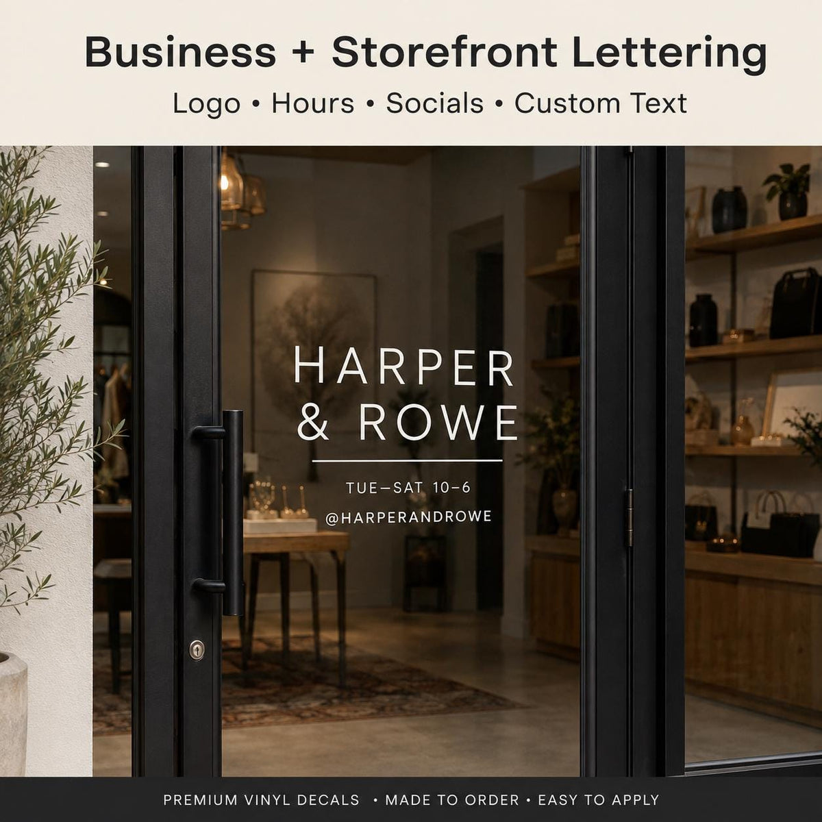 White vinyl business lettering on a storefront window