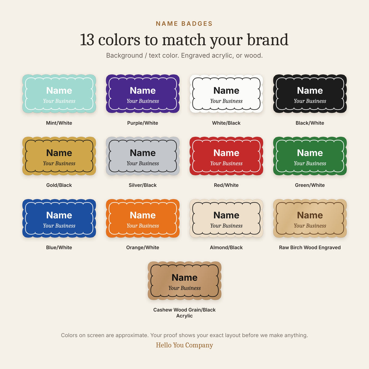 Chart of 13 name badge colors