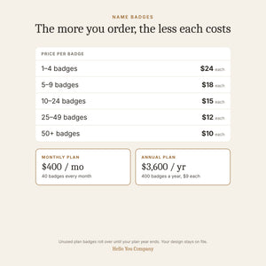 Name badge price per badge and monthly and annual plans