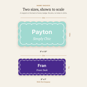 Name badge sizes 3 by 1.5 inches and 3 by 1 inch shown to scale